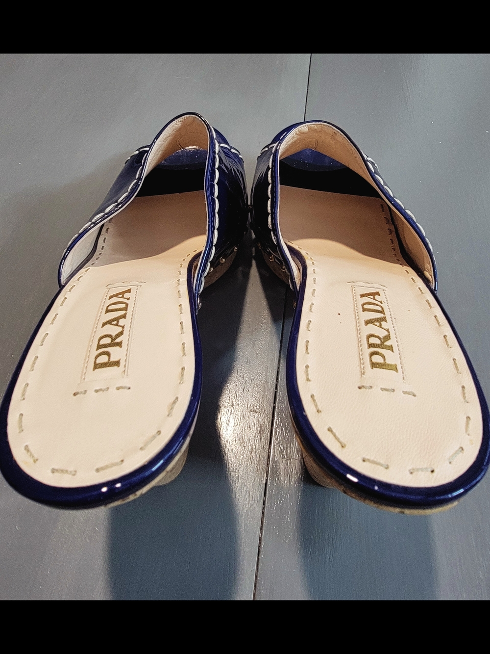 PRADA Royal Blue Patent Leather Studded Cork Platform Mules Sandals Size 40 - Picture 7 of 9